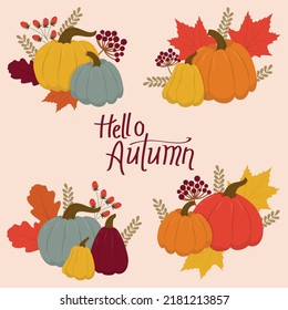 A set of pumpkins with foliage. Hello autumn set. Bright illustrations for greeting cards, posters, banners.