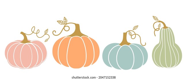 Set of Pumpkins with gold leaves icons isolated on white background vector illustration.