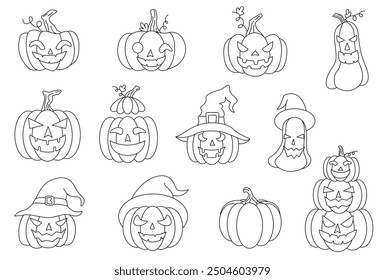 Conjunto de calabazas halloween línea blanca y negra Ilustración vectorial