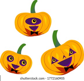 set of pumpkins for halloween with bright orange eyes traditional vegetables on a white background concept of the autumn holiday and mysticism