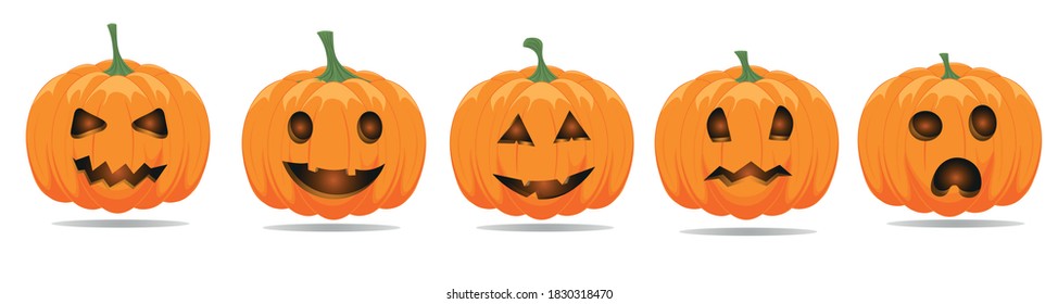 Set of pumpkins for Halloween, changing faces, burning eyes and smiles, cheerful autumn holiday, vector graphics on a white background