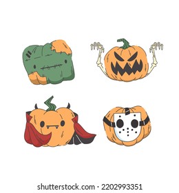 Set of pumpkins in halloween costumes isolated on white background. Zombie, vampire, skeleton and white mask outfits