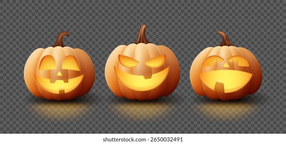 Set of pumpkins for Halloween decoration. Vector realistic 3d orange pumpkins with cut smiles. Halloween collection of 3d objects. Design elements isolated on checkered background.