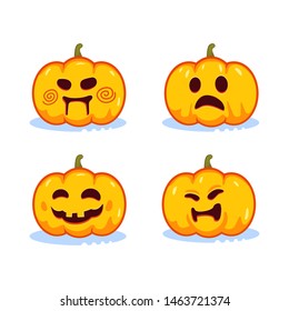 Set of pumpkins for Halloween with different emotions. Scary, grinning, surprised, smiling heads. Vector element for poster, invitation, cover, print.