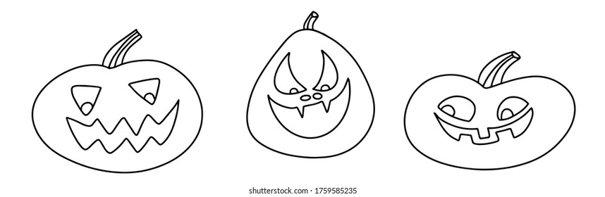 Set of pumpkins for Halloween Doodle style black line vector illustration