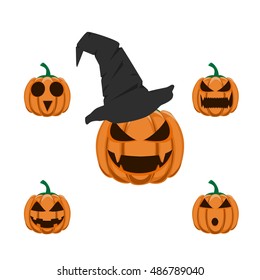 Set pumpkins Halloween in emotion variation. Spooky horror images of pumpkins. Cartoon Vector Illustration.