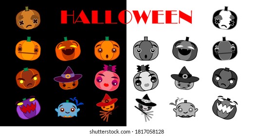Set: Pumpkins. Halloween. Emotions. Color and monochrome style. The style of the cartoon. Vector illustration for web design or print