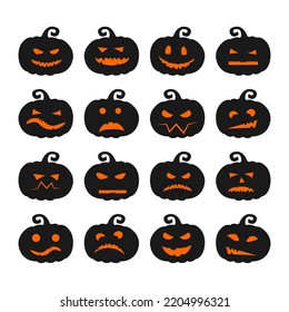 Set of pumpkins for halloween. Faces with emotions. Black pumpkin with orange eyes and mouth. Smile. Icons. Vector