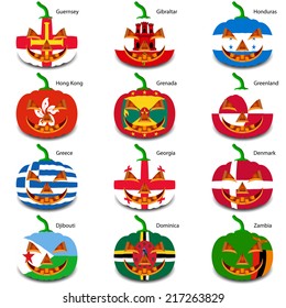 Set pumpkins for Halloween as a flags of the world. Vector illustration.
