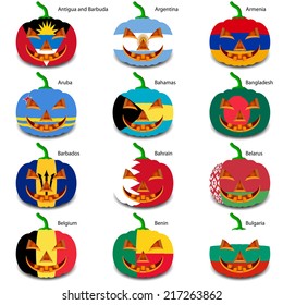 Set pumpkins for Halloween as a flags of the world. Vector illustration.