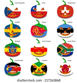 Set pumpkins for Halloween as a flags of the world. Vector illustration.