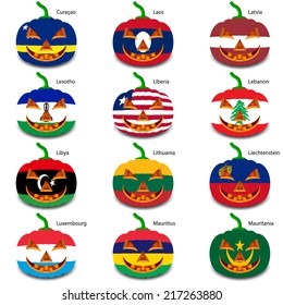 Set pumpkins for Halloween as a flags of the world. Vector illustration.