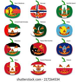 Set pumpkins for Halloween as a flags of the world. Vector illustration.