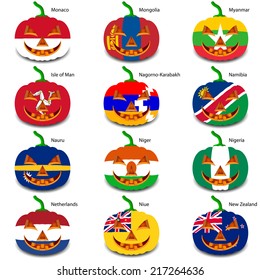 Set pumpkins for Halloween as a flags of the world. Vector illustration.