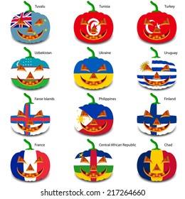 Set pumpkins for Halloween as a flags of the world. Vector illustration.