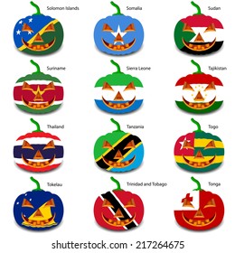 Set pumpkins for Halloween as a flags of the world. Vector illustration.