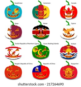 Set pumpkins for Halloween as a flags of the world. Vector illustration.