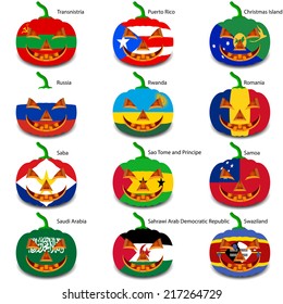 Set pumpkins for Halloween as a flags of the world. Vector illustration.