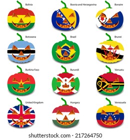 Set pumpkins for Halloween as a flags of the world. Vector illustration.