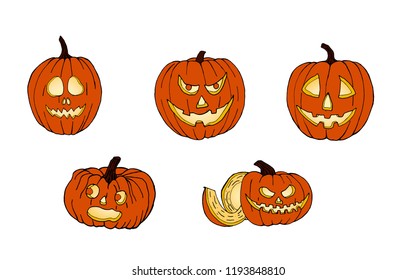 Set of pumpkins for Halloween. Funny faces. Autumn holidays. Vector image.