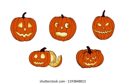 Set of pumpkins for Halloween. Funny faces. Autumn holidays. Vector image.