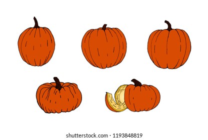 Set of pumpkins for Halloween. Funny faces. Autumn holidays. Vector image.