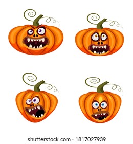 Set Pumpkins Halloween funny faces open mouths creepy and scary funny jaws teeths creatures expression monsters characters. Vector isolated cartoon style