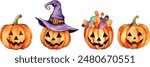 A set of pumpkins for Halloween, hand-painted in watercolor. An illustration for the design of postcards, invitations, banners for Halloween. Scary pumpkins with faces on a white background.