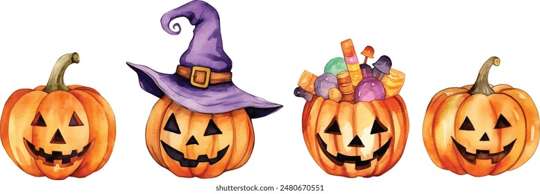 A set of pumpkins for Halloween, hand-painted in watercolor. An illustration for the design of postcards, invitations, banners for Halloween. Scary pumpkins with faces on a white background.