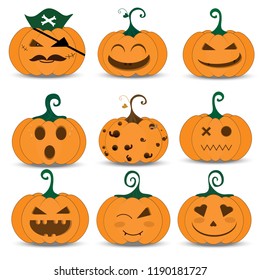 Set of pumpkins for Halloween. Happy Holidays Halloween, Cartoon pumpkin collection of face show, style, various faces on white background. Vector illustration.