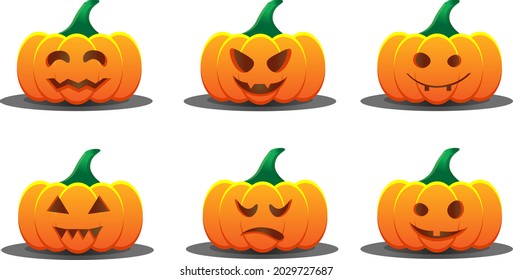 A set of pumpkins for the Halloween holiday. Different emotions on pumpkins. A vector image.