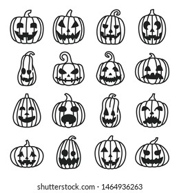 Set of Pumpkins Halloween icon line, funny and scary faces. Vector illustration