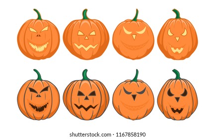 Set pumpkins for Halloween. Isolated on white background. Flat style vector illustration. 