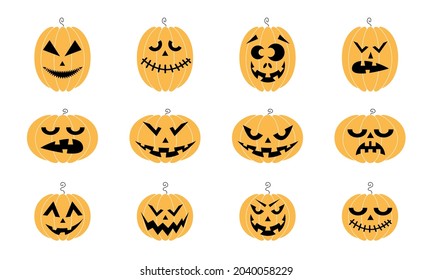 Set of pumpkins for Halloween, jack lamps isolated on white background. Stock vector illustration. 