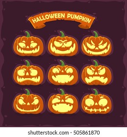 Set pumpkins for Halloween on dark lilac background