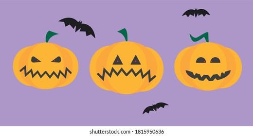 Set of pumpkins for Halloween on a purple background with bats