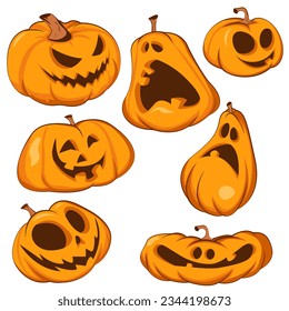 Set of pumpkins for Halloween. Orange pumpkins with a smile for your design. Vector illustration EPS10.