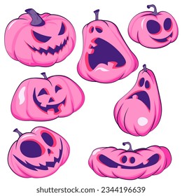 Set of pumpkins for Halloween. Pink pumpkins with a smile for your design. Vector illustration EPS10.