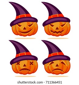 Set pumpkins for Halloween scary face orange holiday autumn symbol vector. Horror evil lantern season halloween pumpkin jack-o-lantern.