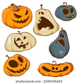 Set of pumpkins for Halloween. Сolored pumpkins with a smile for your design. Vector illustration EPS10.