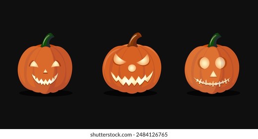 A set of pumpkins for Halloween. A terrifying collection of pumpkins for festive pumpkin lanterns. Vector illustration on a white background.