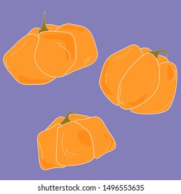 Set of pumpkins for Halloween. Three different pumpkins on a blue background. Halloween celebration. Simple vector of pumpkins.