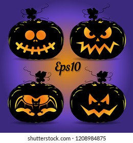 Set of pumpkins for the holiday of Halloween, glowing on a blue background, vector