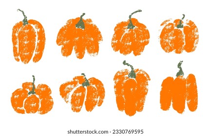 Set of pumpkins illustration painted with chalk. Halloween design elements. Collection of hand drawn pumpkin. Gourd with grunge texture isolated on white background