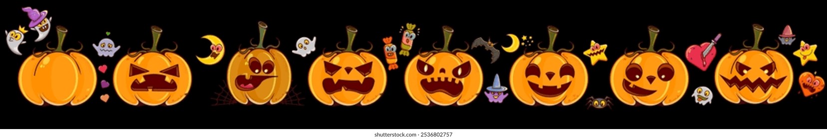 Set pumpkins isolated on black background. Orange pumpkins with smile, ghosts, spiders, witch hats for your design for the holiday Halloween. October holiday design elements. Vector illustration.