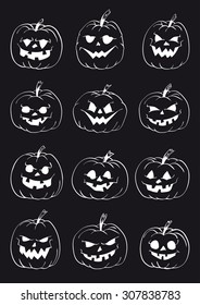 Set of pumpkins isolated on black background. Vector collection.