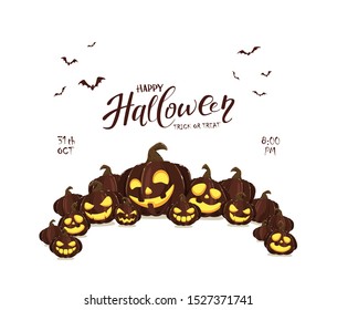 Set of Pumpkins isolated on white background and text Happy Halloween. Card with Jack' O Lanterns and bats. Illustration can be used for children's holiday or clothing design, invitations, banners.