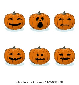Set of Pumpkins, Jack-o-Lantern on White Background, Carved Scary Pumpkins, Halloween Holiday , Vector Illustration