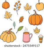 set of pumpkins and leaf