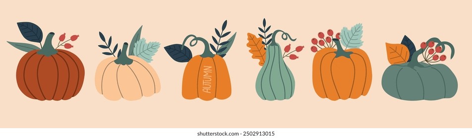 set of pumpkins with leaves. Autumn design.